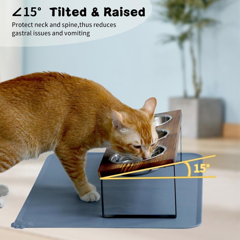 Summark Upgraded Elevated Cat Bowls with Food Mat,15°Tilted Stand Anti Vomiting Raised Cat Dishes for Food and Water,3 Stainless Steel Bowls for Cats and Puppy（Rustic Brown） - Image 4